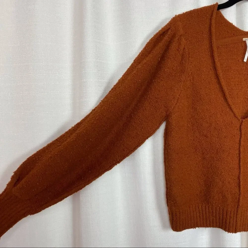 Free People Dark Orange Burnt Butter Reverie V Neck Blouson Sleeve Sweater NWT